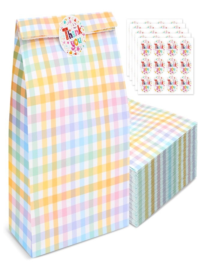 PHOGARY 50pcs Paper Gift Bags Bulk, Colorful Plaid Party Favor Bags, Small Gift Bag with 60 Thank You Stickers, Treat Sweet Candy Goodie Bag for Birthday Party, Baby Shower, Festivals - Image 1