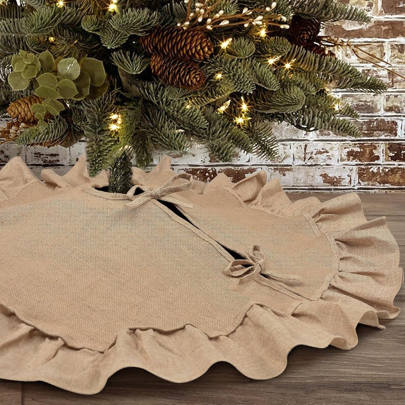 yuboo 36 inches Burlap Boho Tree Skirt, Small Fall Farmhouse Rustic Tree Skirt Mat Brown Christmas Thanksgiving Decorations Ornaments for Slim Pencil Tree & Artificial Christmas Trees - Image 3
