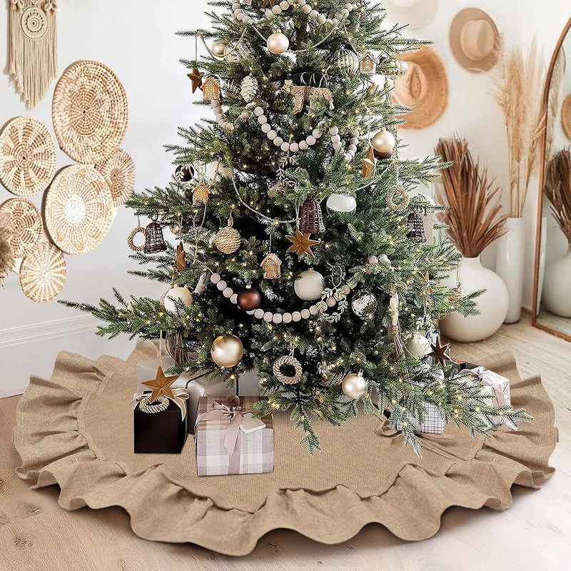 yuboo 36 inches Burlap Boho Tree Skirt, Small Fall Farmhouse Rustic Tree Skirt Mat Brown Christmas Thanksgiving Decorations Ornaments for Slim Pencil Tree & Artificial Christmas Trees - Image 1