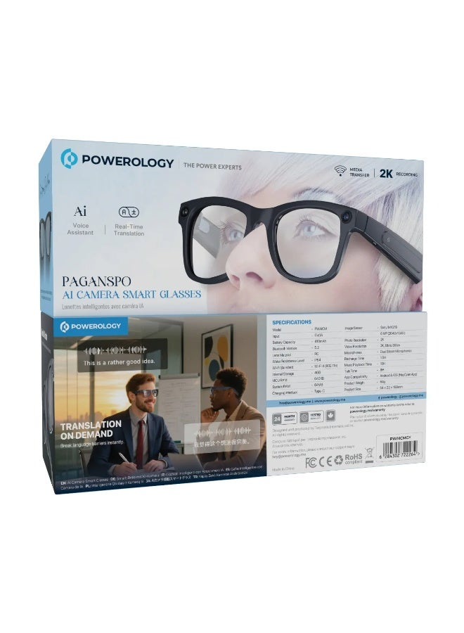 باورولوجي نظارات ذكية Paganspo AI Camera / مساعد صوتي بالذكاء الاصطناعي لتطبيقات الهواتف الذكية / ترجمة فورية / ستيريو مفتوح الأذن / حديث / للجنسين / / ميكروفون مزدوج لتقليل الضوضاء / كاميرا 8 ميجابكسل / توافق التطبيق Android و iOS / مقاومة الماء IP54 - رمادي - Image 4