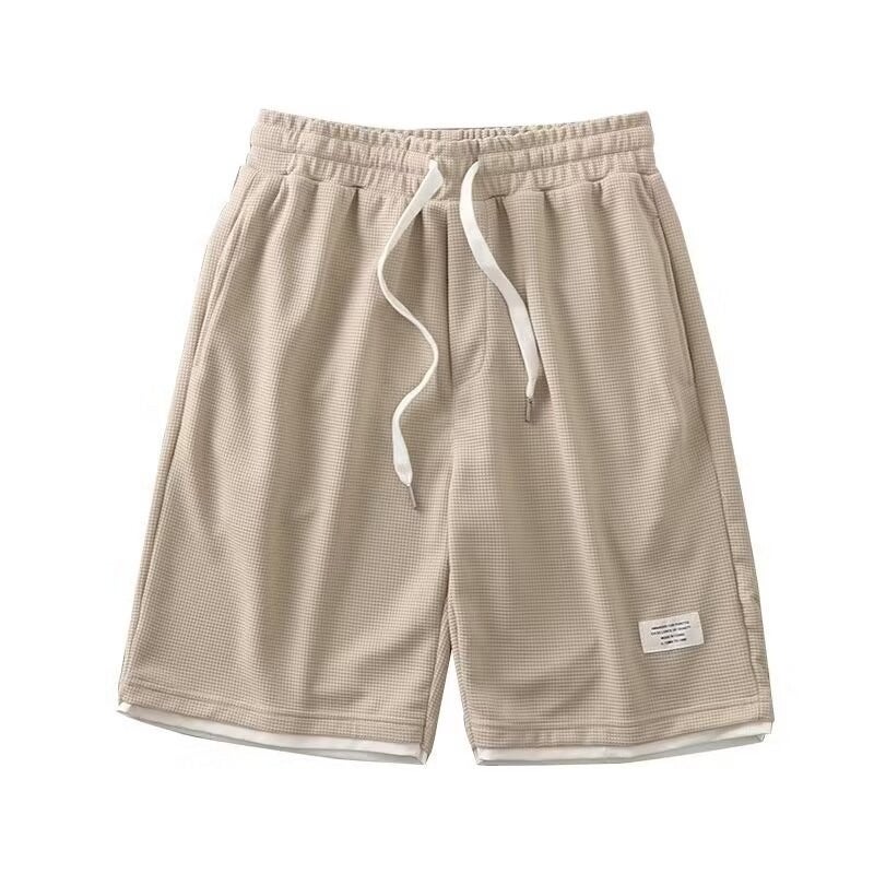 American-style Fake Two-piece Waffe Shorts Mens Summer Loose Breathable Five-point Grey Sports Pants Mens Casual Basketball Pants Apricot - Image 1