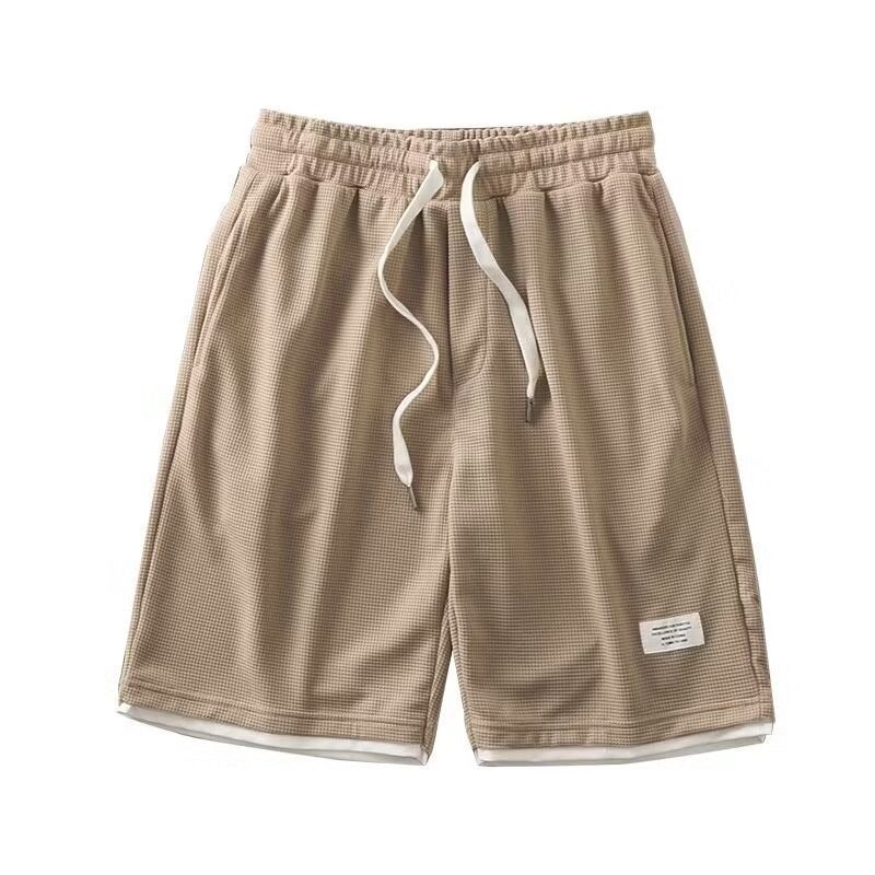 American-style Fake Two-piece Waffe Shorts Mens Summer Loose Breathable Five-point Grey Sports Pants Mens Casual Basketball Pants Apricot - Image 2