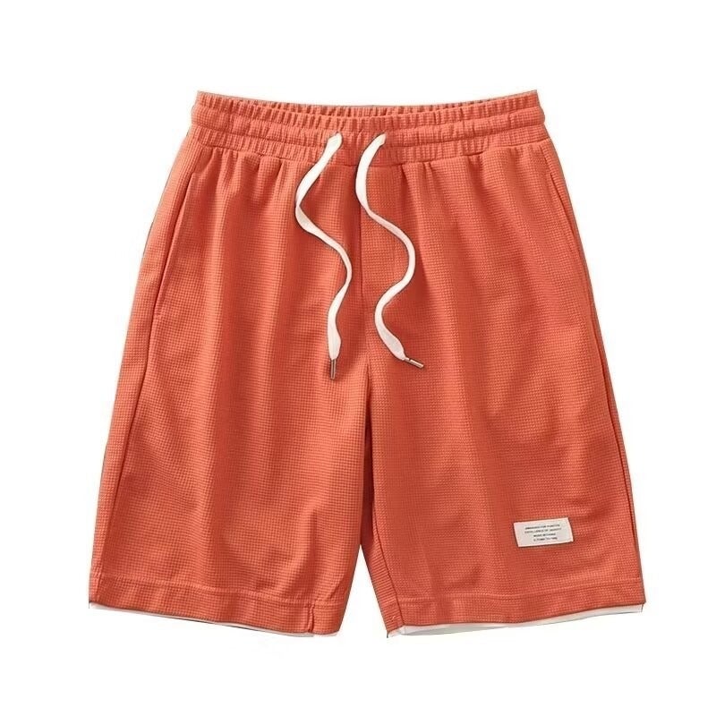 American-style Fake Two-piece Waffe Shorts Mens Summer Loose Breathable Five-point Grey Sports Pants Mens Casual Basketball Pants Apricot - Image 5