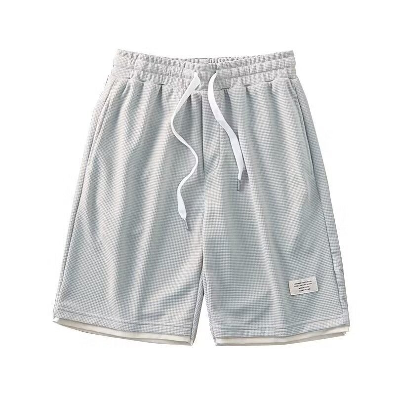 American-style Fake Two-piece Waffe Shorts Mens Summer Loose Breathable Five-point Grey Sports Pants Mens Casual Basketball Pants Apricot - Image 4