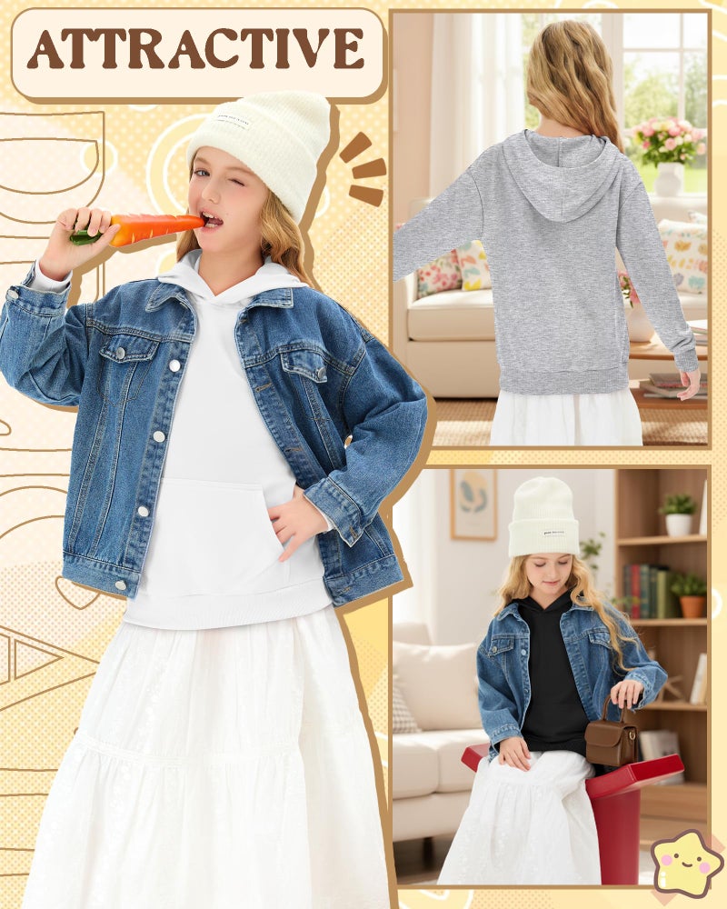 LessonZoo 3 Pack Girls Hoodies Lightweight Kids Oversized Hooded Sweatshirt Cute Long Sleeve Pullover Sweatshirts with Pocket(White, Light Gray, Black,11-12 Years) - Image 3