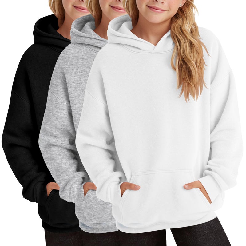 LessonZoo 3 Pack Girls Hoodies Lightweight Kids Oversized Hooded Sweatshirt Cute Long Sleeve Pullover Sweatshirts with Pocket(White, Light Gray, Black,11-12 Years) - Image 1