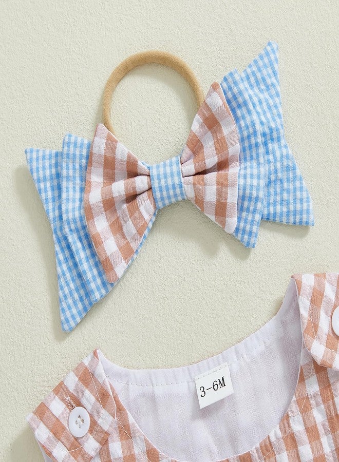 Thorn Tree Newborn Infant Baby Girl Clothes Sleeveless Plaid Romper Dress Bow Layer Tutu Dresses Bow Headband Summer Bodysuit (US, Age, 0 Months, 3 Months, Pink Blue Dress) - Image 3
