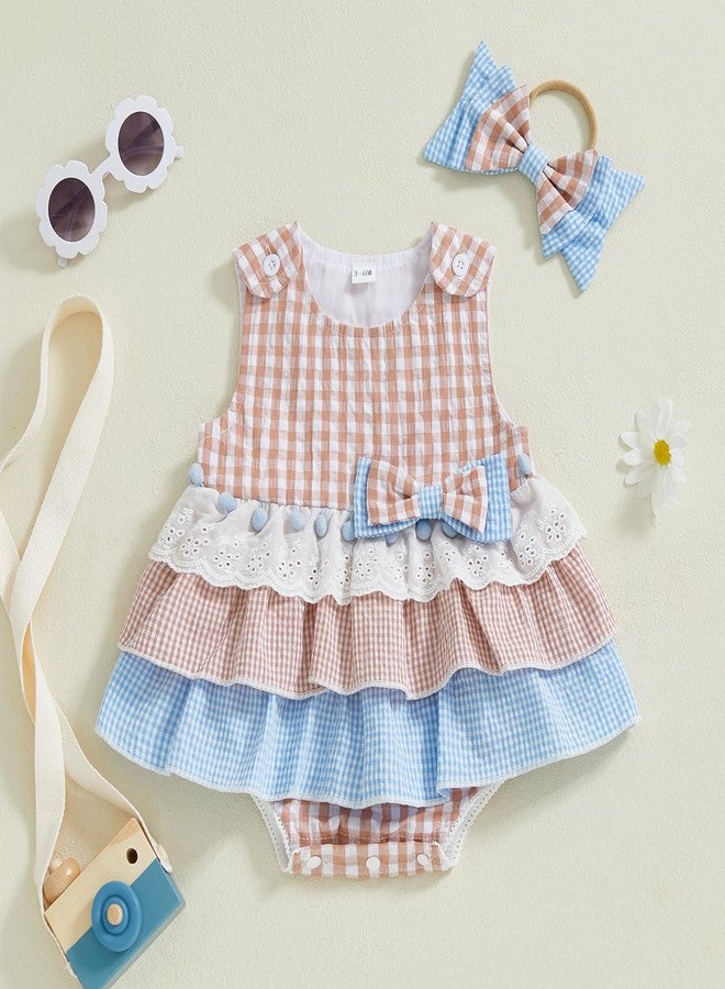 Thorn Tree Newborn Infant Baby Girl Clothes Sleeveless Plaid Romper Dress Bow Layer Tutu Dresses Bow Headband Summer Bodysuit (US, Age, 0 Months, 3 Months, Pink Blue Dress) - Image 2
