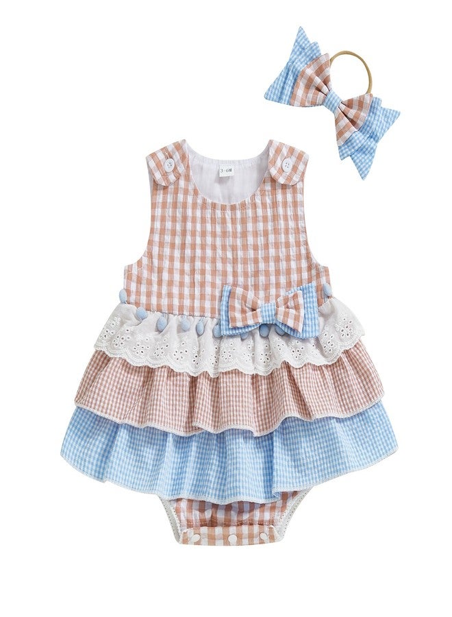 Thorn Tree Newborn Infant Baby Girl Clothes Sleeveless Plaid Romper Dress Bow Layer Tutu Dresses Bow Headband Summer Bodysuit (US, Age, 0 Months, 3 Months, Pink Blue Dress) - Image 1