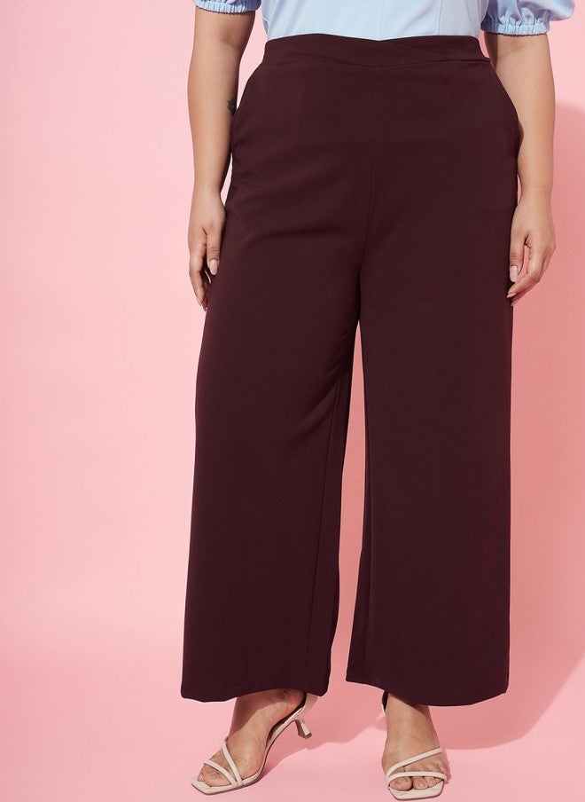 Athena Burgundy Plus Size Flared Trousers for Women - Image 1