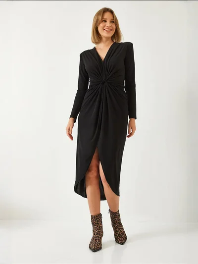 Bianco Lucci LUCCI V-Neck Ruched Midi Dress