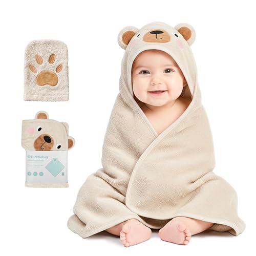 Cuddle Bug CuddleBug Hooded Baby Bath Towel Washcloth Set Bear 100 Cotton Terrycloth Hooded Baby Towels for Newborn Toddler SuperSoft Absorbent Newborn Essentials 33 x 33 Honey Beige - Image 1