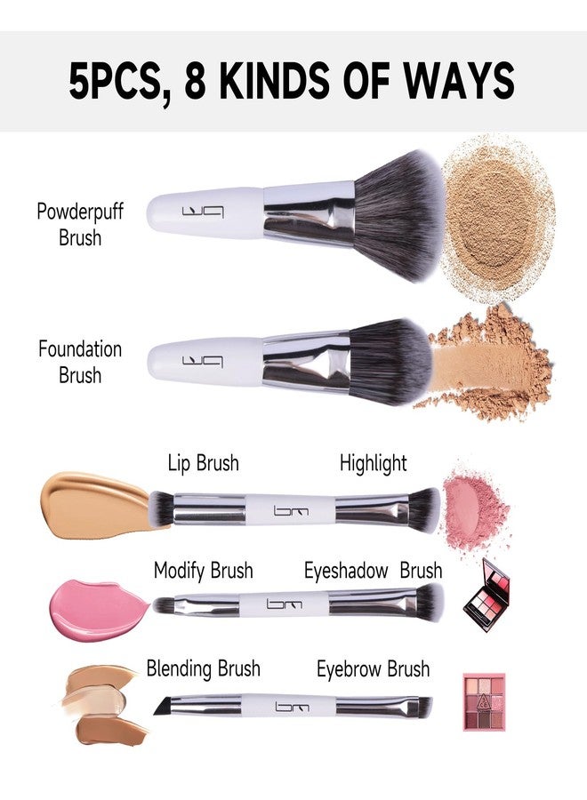 Brush Master Travel Makeup Brushes Set w/Pouch, 5PCS Double Ended Portable Mini Cosmetic Brushes Kit for Foundation, Eyeshadow, Lip, Blush Make Up Brushes Professional(White) - Image 2