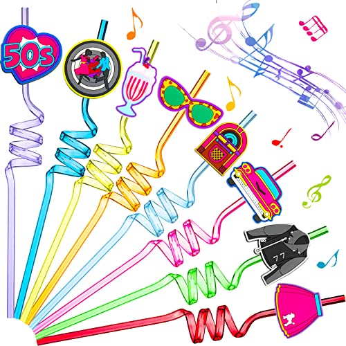 Skyley 24 Pcs 1950s Party Decorations Disco 50s Straws Retro Sock Hop Rock Silly Straws Music Party Favors for Adults 50s Dancing Parties 8 Styles and Colors - Image 1