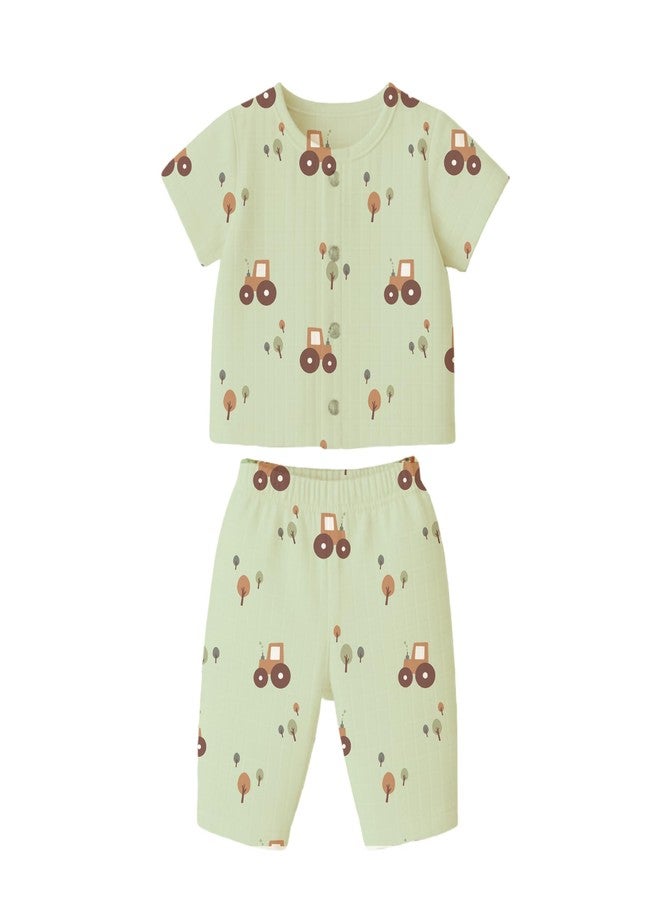 Mookoo Muslin Nightsuit Half Sleeve | Ultra Soft Cotton Nightwear for Babies | Lightweight, Breathable & Skin-Friendly Sleepwear Set (Tractor, 18-24M) - Image 1
