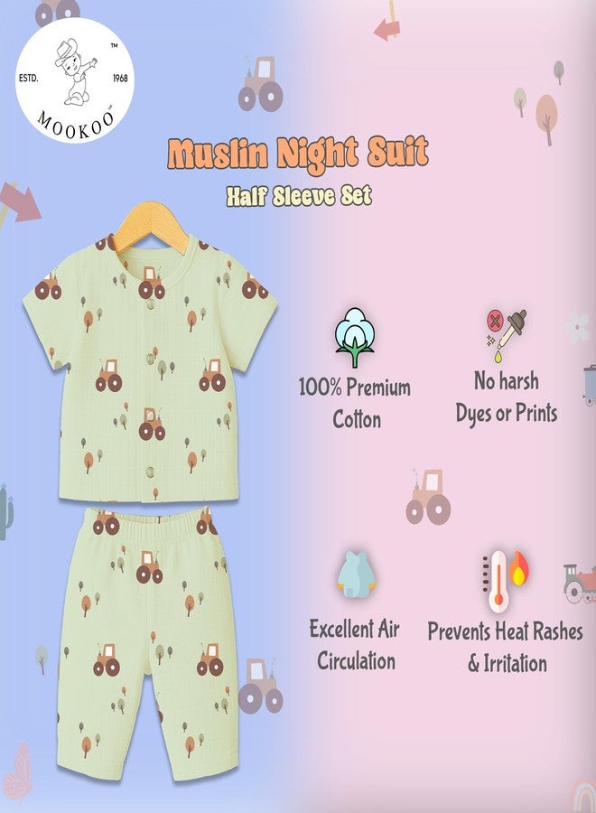 Mookoo Muslin Nightsuit Half Sleeve | Ultra Soft Cotton Nightwear for Babies | Lightweight, Breathable & Skin-Friendly Sleepwear Set (Tractor, 18-24M) - Image 2