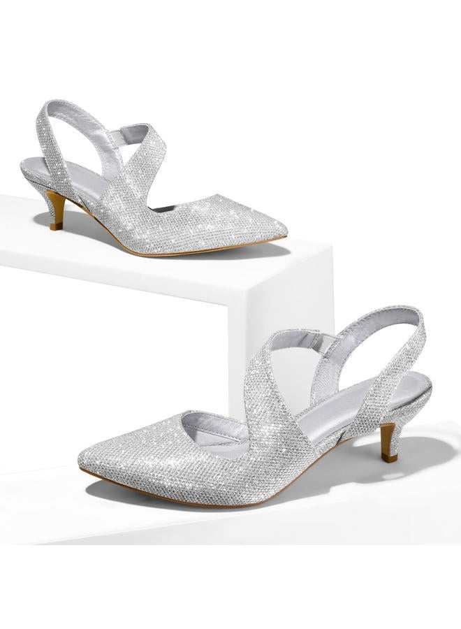 mysoft Women's Pumps 2 inch Low Heel Pointed Toe Slingback Wedding Party Dress Shoes, Silver, 10 Wide - Image 2