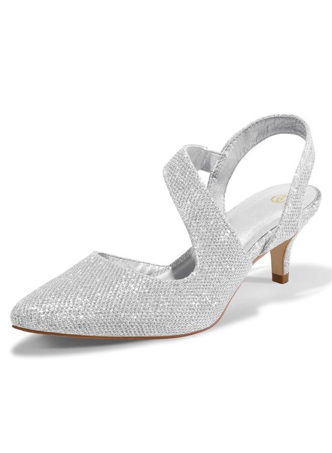 mysoft Women's Pumps 2 inch Low Heel Pointed Toe Slingback Wedding Party Dress Shoes, Silver, 10 Wide - Image 1