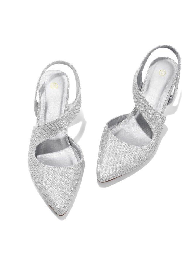 mysoft Women's Pumps 2 inch Low Heel Pointed Toe Slingback Wedding Party Dress Shoes, Silver, 10 Wide - Image 4