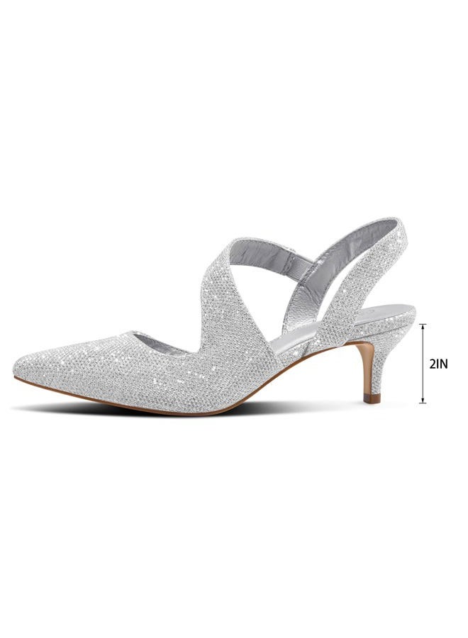mysoft Women's Pumps 2 inch Low Heel Pointed Toe Slingback Wedding Party Dress Shoes, Silver, 10 Wide - Image 3