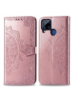 HuHa Case Cover For Realme C15 Mandala Flower Embossed Horizontal Flip Leather Case with Bracket / Card Slot / Wallet / Lanyard Rose Gold 