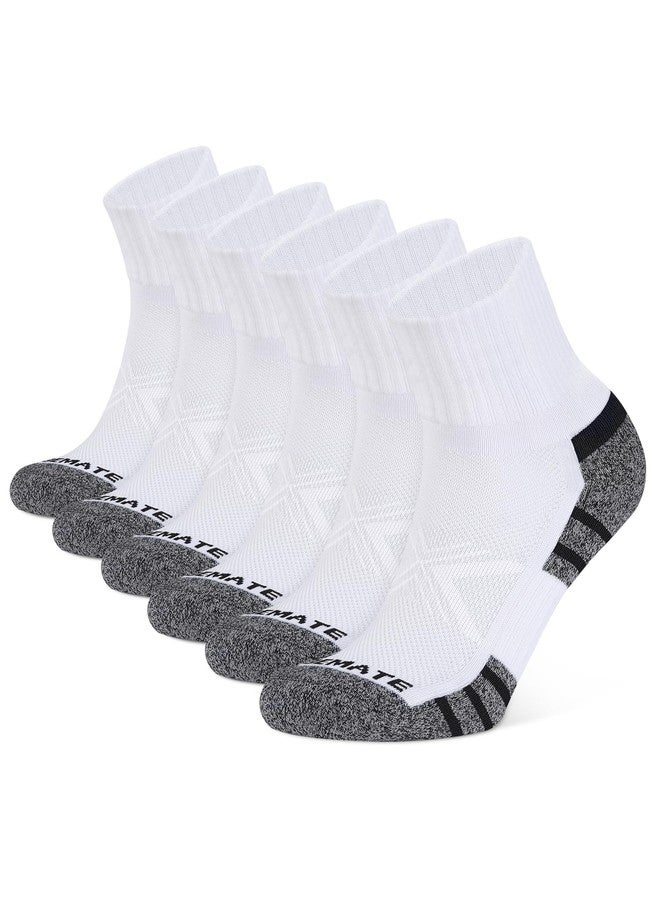 CLOSEMATE 6 Pack Mens Ankle Athletic Socks Cushioned Running Sports Cotton Quarter Socks(6White, Size L) - Image 1