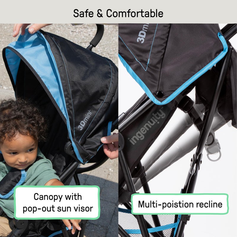 Ingenuity 3D Mini Convenience Stroller â€“ Lightweight Stroller with Compact Fold, Multi-Position Recline, Canopy with Pop Out Sun Visor â€“ Umbrella Stroller for Travel & More, Blue/Black - Image 4