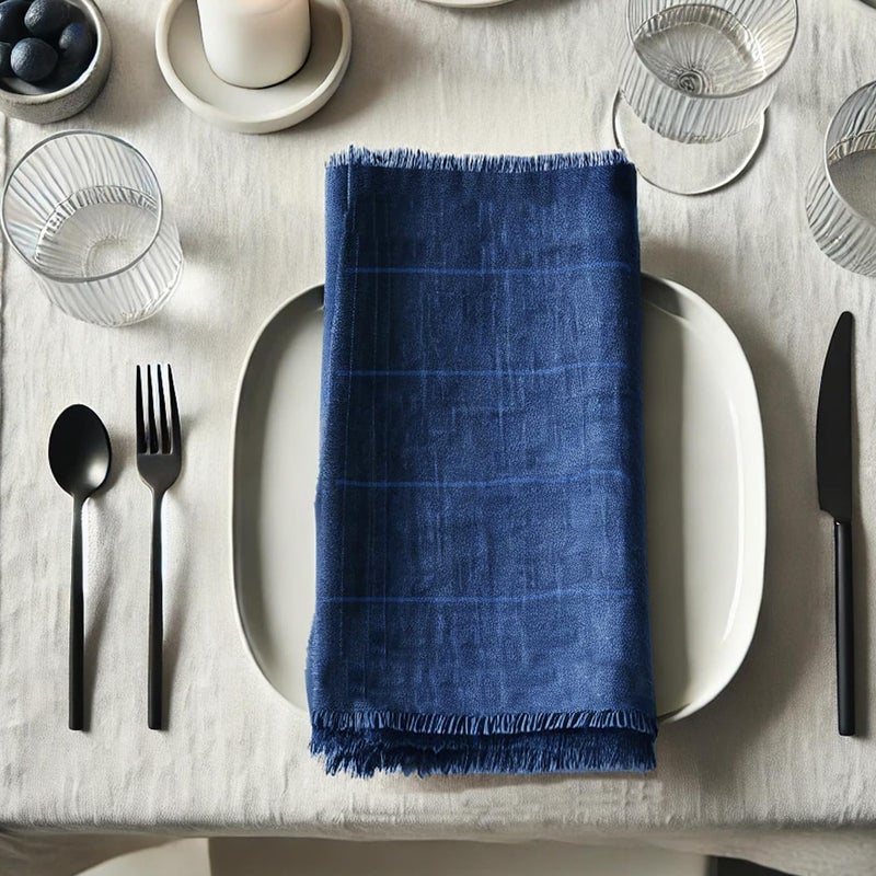 Vargottam Solid Cotton Muslin Napkins with Fringed Edges– 12 Pack | Reusable 20"x20" Napkins with Subtle Check Texture | Soft Table Napkins for Home Décor- Blue - Image 1