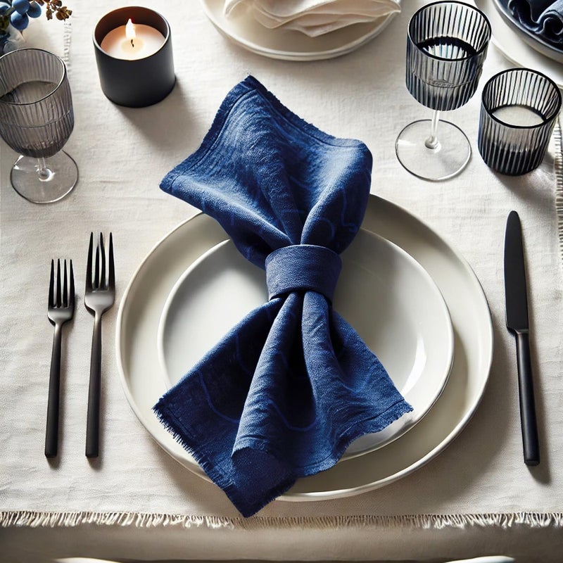 Vargottam Solid Cotton Muslin Napkins with Fringed Edges– 12 Pack | Reusable 20"x20" Napkins with Subtle Check Texture | Soft Table Napkins for Home Décor- Blue - Image 3