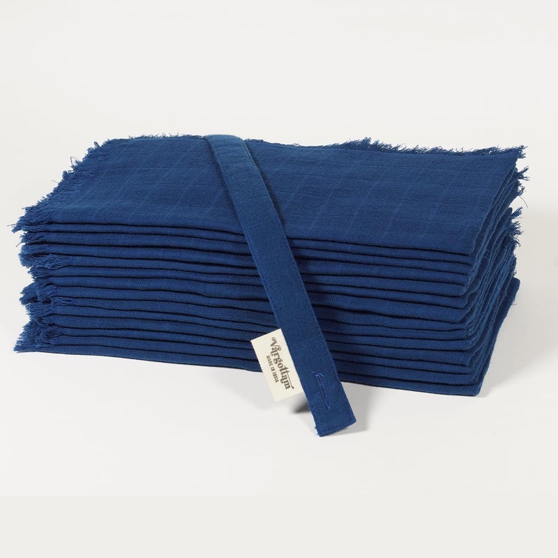 Vargottam Solid Cotton Muslin Napkins with Fringed Edges– 12 Pack | Reusable 20"x20" Napkins with Subtle Check Texture | Soft Table Napkins for Home Décor- Blue - Image 2