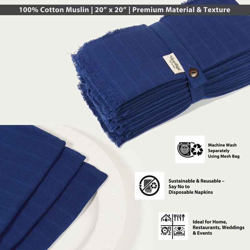 Vargottam Solid Cotton Muslin Napkins with Fringed Edges– 12 Pack | Reusable 20"x20" Napkins with Subtle Check Texture | Soft Table Napkins for Home Décor- Blue - Image 5