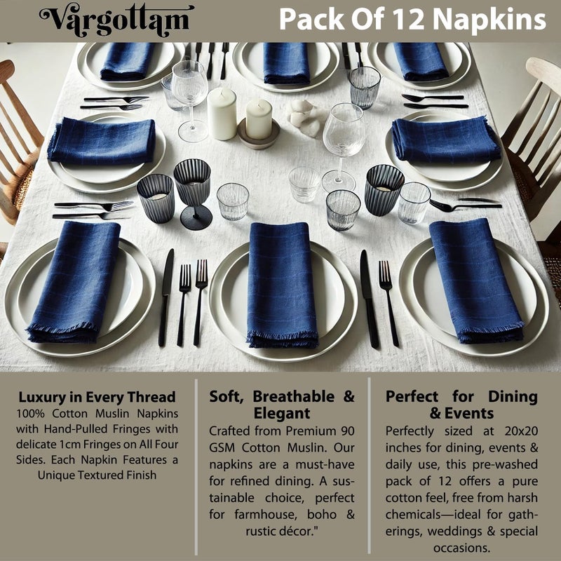 Vargottam Solid Cotton Muslin Napkins with Fringed Edges– 12 Pack | Reusable 20"x20" Napkins with Subtle Check Texture | Soft Table Napkins for Home Décor- Blue - Image 4