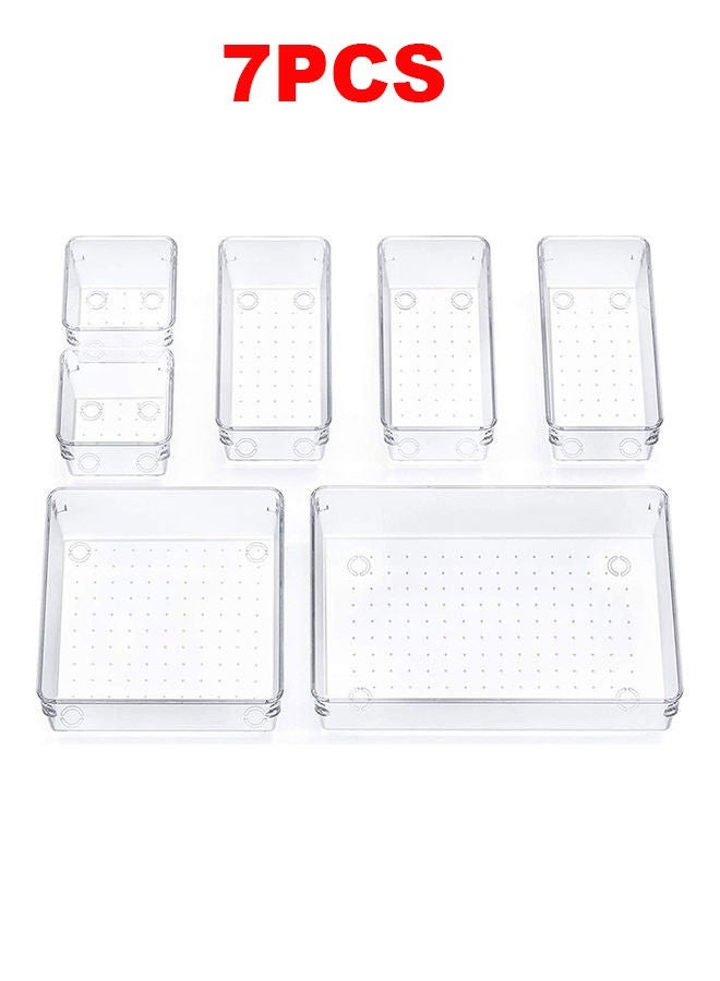 BOUND MOAT 7Pcs Desk Drawer Organizers Trays Set Clear Plastic Storage Bins Bathroom Drawer Tray Dividers Vanity Trays Organizer for Bedroom Dresser Makeup Kitchen Utensil Office - Image 1
