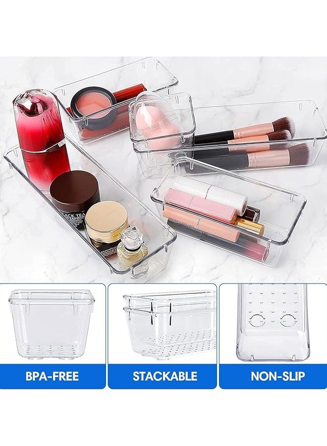 BOUND MOAT 7Pcs Desk Drawer Organizers Trays Set Clear Plastic Storage Bins Bathroom Drawer Tray Dividers Vanity Trays Organizer for Bedroom Dresser Makeup Kitchen Utensil Office - Image 4