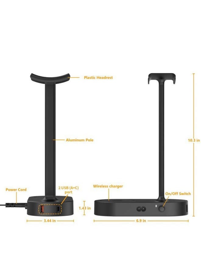 COZOO Headphone Stand with Fast Wireless Charging Pad and 2 USB Charging Ports, Suitable for Gaming, DJ, Wireless Earphone Accessories - Image 2