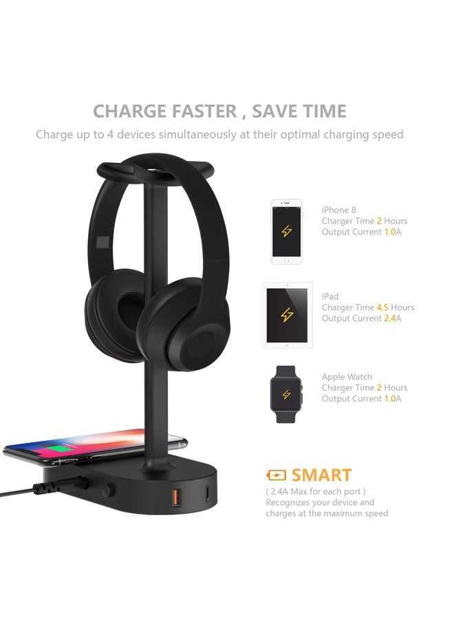 COZOO Headphone Stand with Fast Wireless Charging Pad and 2 USB Charging Ports, Suitable for Gaming, DJ, Wireless Earphone Accessories - Image 4