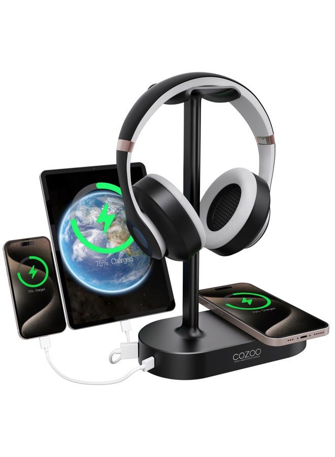 COZOO Headphone Stand with Fast Wireless Charging Pad and 2 USB Charging Ports, Suitable for Gaming, DJ, Wireless Earphone Accessories - Image 1