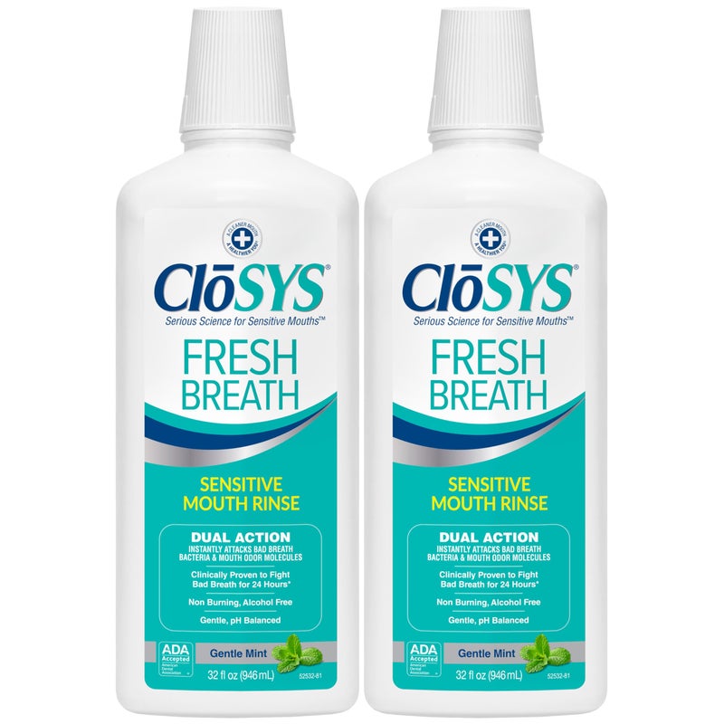 CloSYS Mouthwash, 32 Ounce, 2 Count, Fresh Breath Mouthwash, Gentle Mint, Alcohol Free, Dye Free, pH Balanced Mouth Wash, Helps Soothe Entire Mouth, Fights Bad Breath - Image 1