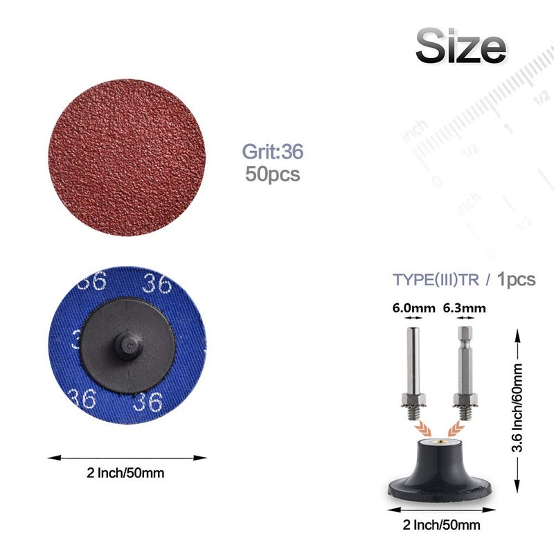 NYXCL Miroku 50Pcs P36 2 inch Quick Change Discs Set, A/O Sanding Discs with 1/4" Holder, for Die Grinder Surface Prep Strip Grind Polish Finish Burr Rust Paint Removal - Image 3