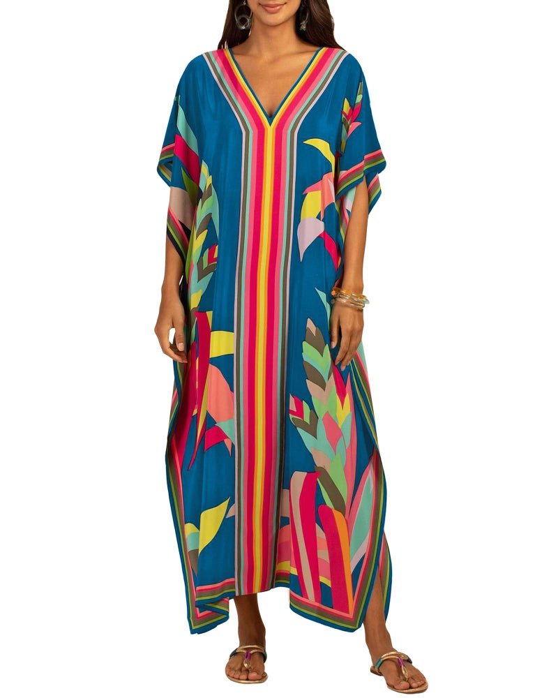 Bsubseach Women Plus Size Kaftan Dress Swimsuit Cover Up Caftan Maxi Beach Dresses Cover Ups Blue - Image 1