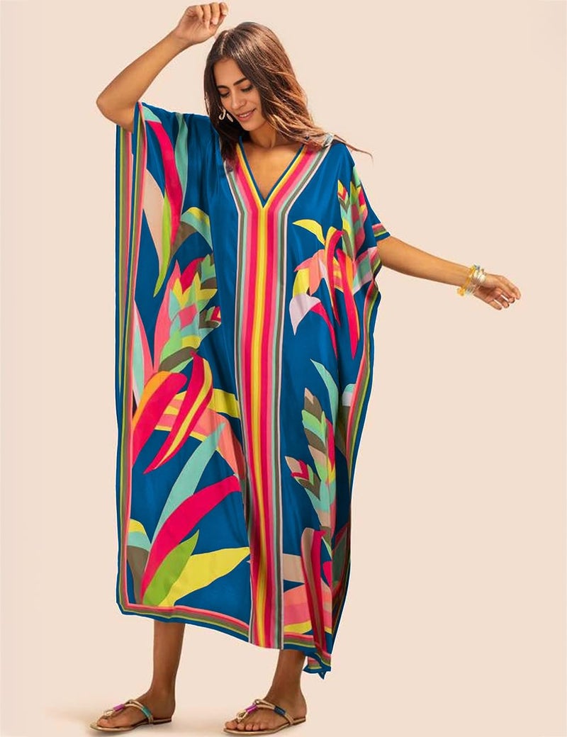 Bsubseach Women Plus Size Kaftan Dress Swimsuit Cover Up Caftan Maxi Beach Dresses Cover Ups Blue - Image 2