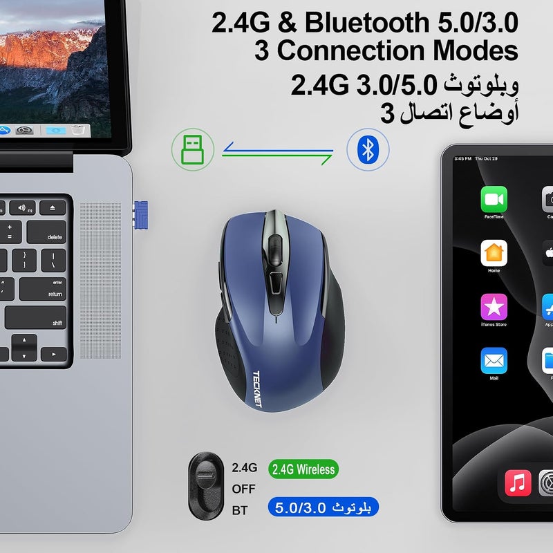 TECKNET Wireless Mouse (2.4G & BT5.0/3.0) Silent 4800 DPI Computer USB A & Bluetooth Mouse 6 Buttons, Wide Compatibility - Blue - Image 2