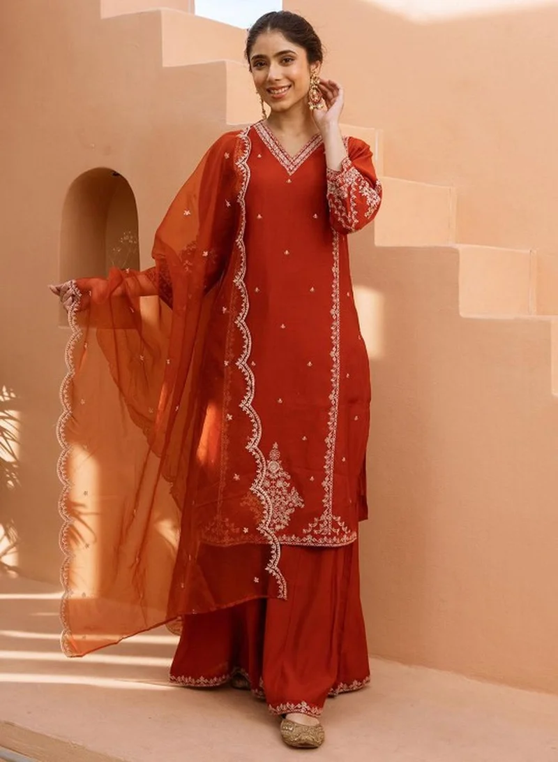 ISHIN Women's Rust Modal Muslin Self Designed Tunic Upper Full Length Palazzo Bottom Regular Fit 3 Piece Kurta Set