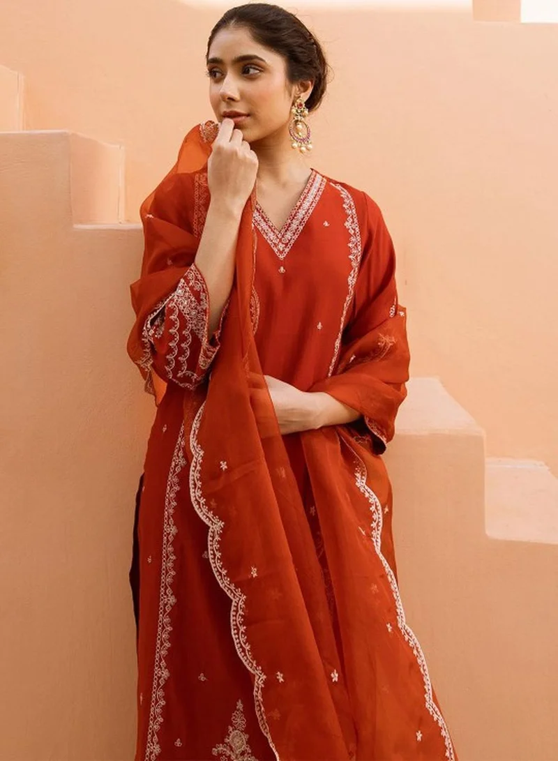 ISHIN Women's Rust Modal Muslin Self Designed Tunic Upper Full Length Palazzo Bottom Regular Fit 3 Piece Kurta Set