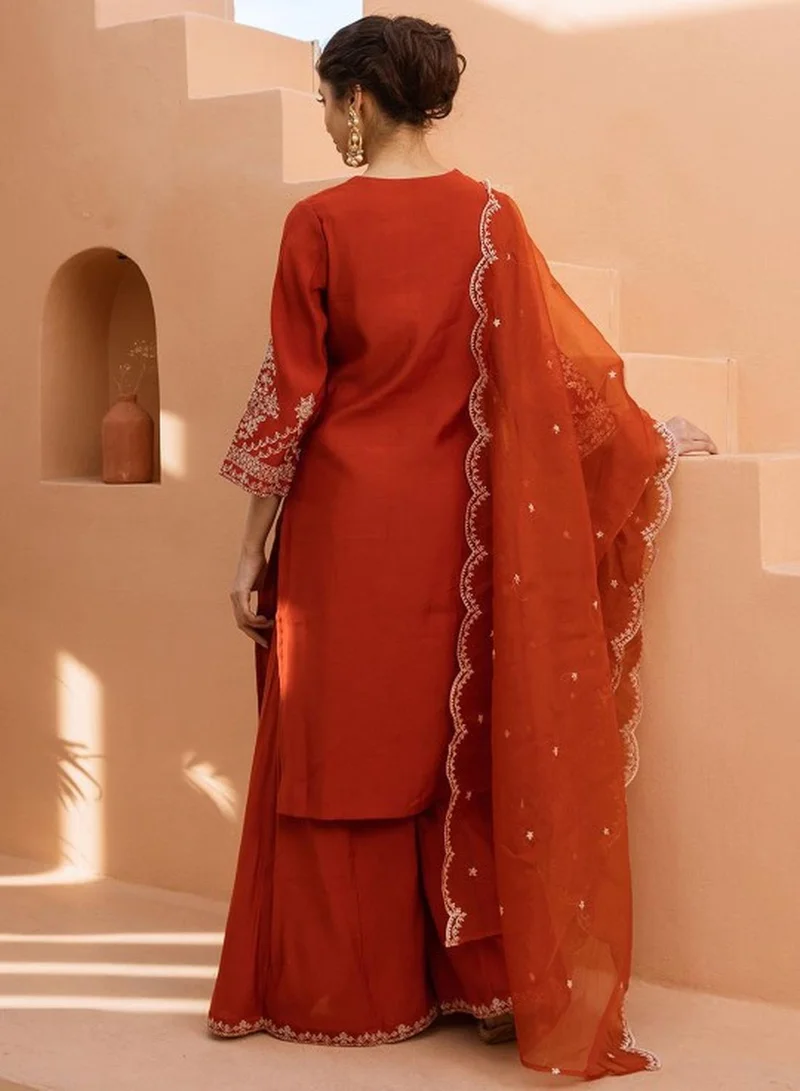 ISHIN Women's Rust Modal Muslin Self Designed Tunic Upper Full Length Palazzo Bottom Regular Fit 3 Piece Kurta Set