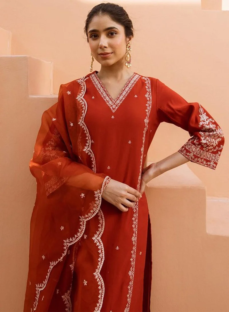 ISHIN Women's Rust Modal Muslin Self Designed Tunic Upper Full Length Palazzo Bottom Regular Fit 3 Piece Kurta Set