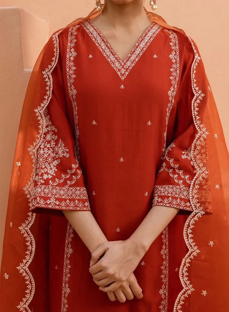 ISHIN Women's Rust Modal Muslin Self Designed Tunic Upper Full Length Palazzo Bottom Regular Fit 3 Piece Kurta Set