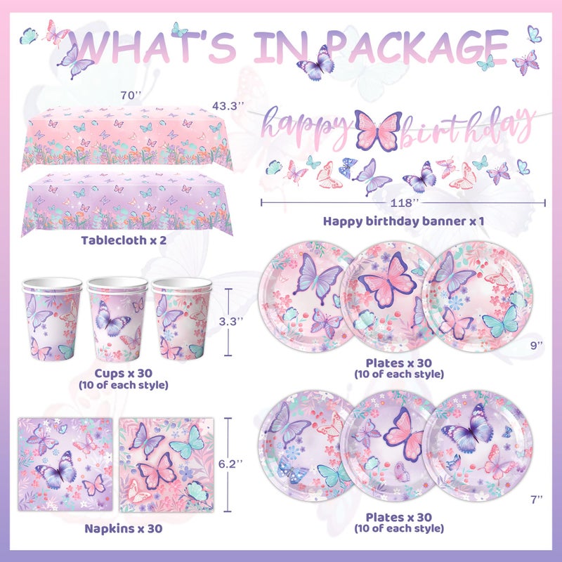 DMIGHT Butterfly Birthday Party Supplies Disposable Paper Plates Napkins Cups Tablecloth and Banner for Butterfly Girl Party Birthday Decorations, Serve 30 - Image 2