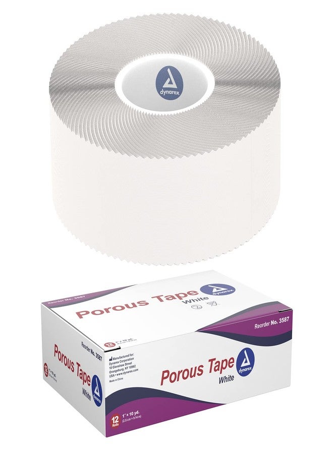 Dynarex Porous Tape - Adhesive Medical Tape for Wound Care - Non Sterile, Easy to Tear, No Natural Rubber Latex - White, 1" x 10 Yards Per Roll, 1 Box, 12 Rolls - Image 1