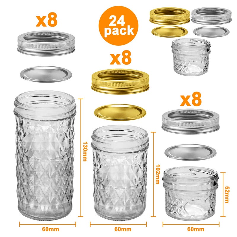 SPANLA Mason Jars, 24 Pack Canning Jars With Regular Lids, Ideal for Jam, Jelly, Honey, Wedding Favors, Shower Favors, DIY Glass Spice Jars - 4 OZ x 8, 8 OZ x 8, 12 OZ x 8 (4oz -8oz-12oz) - Image 2